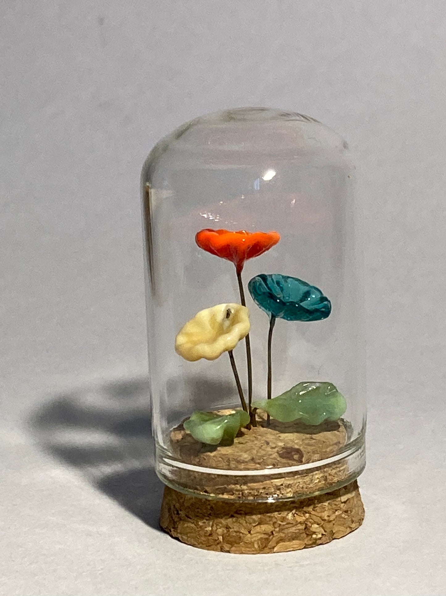 Fleurs bleues, blanches et rouges en verre sous cloches